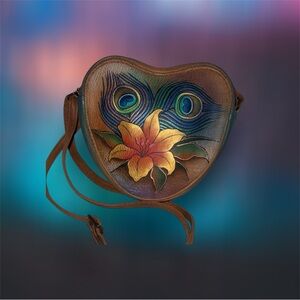 Anuschka Brown Leather Crossbody Bag with Peacock and Floral Design